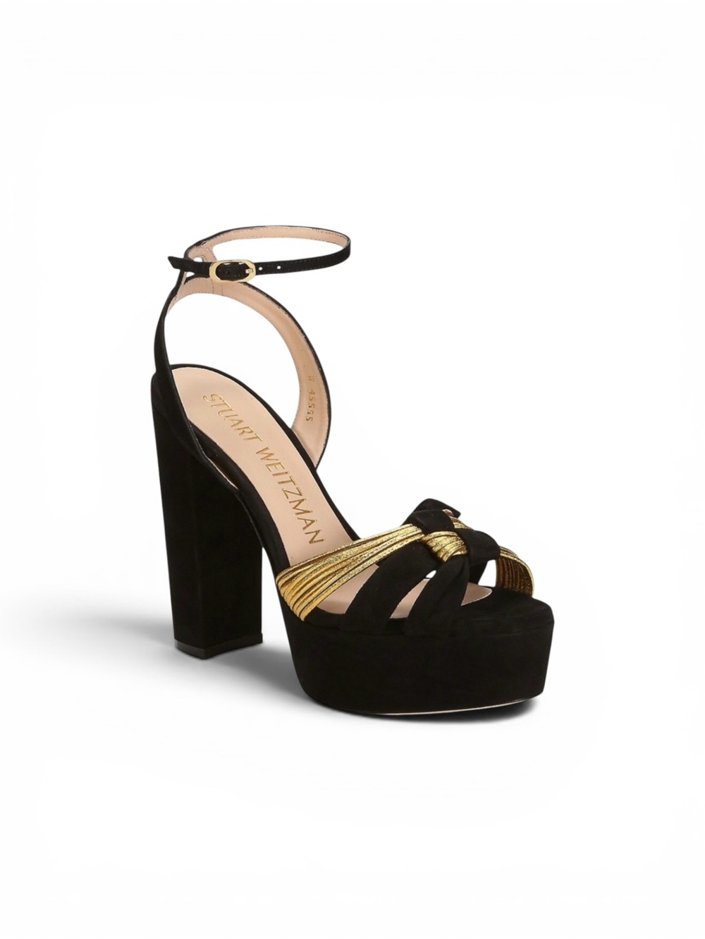 Stuart Weirzman Kayley Sandal Black Gold Suede Leather Chunky Heel Sandal size 7